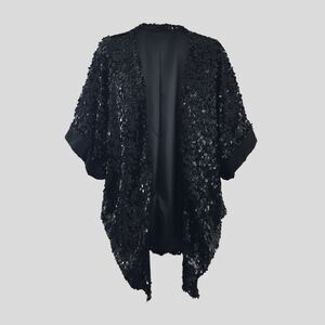 Upson Downes Black Sequin Kimono Sleeve Satin Evening Jacket Womens Size M